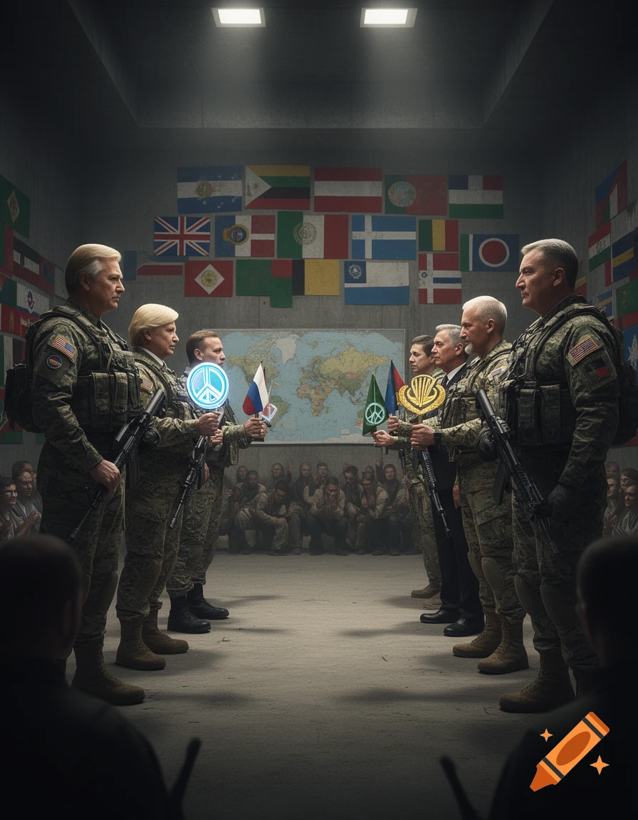 Two lines of soldiers in military fatigues face each other in a dimly lit room, holding symbols like a peace sign and a stylized 'W'. National flags are on the back wall, and a world map is behind them. Spectators sit in the background.