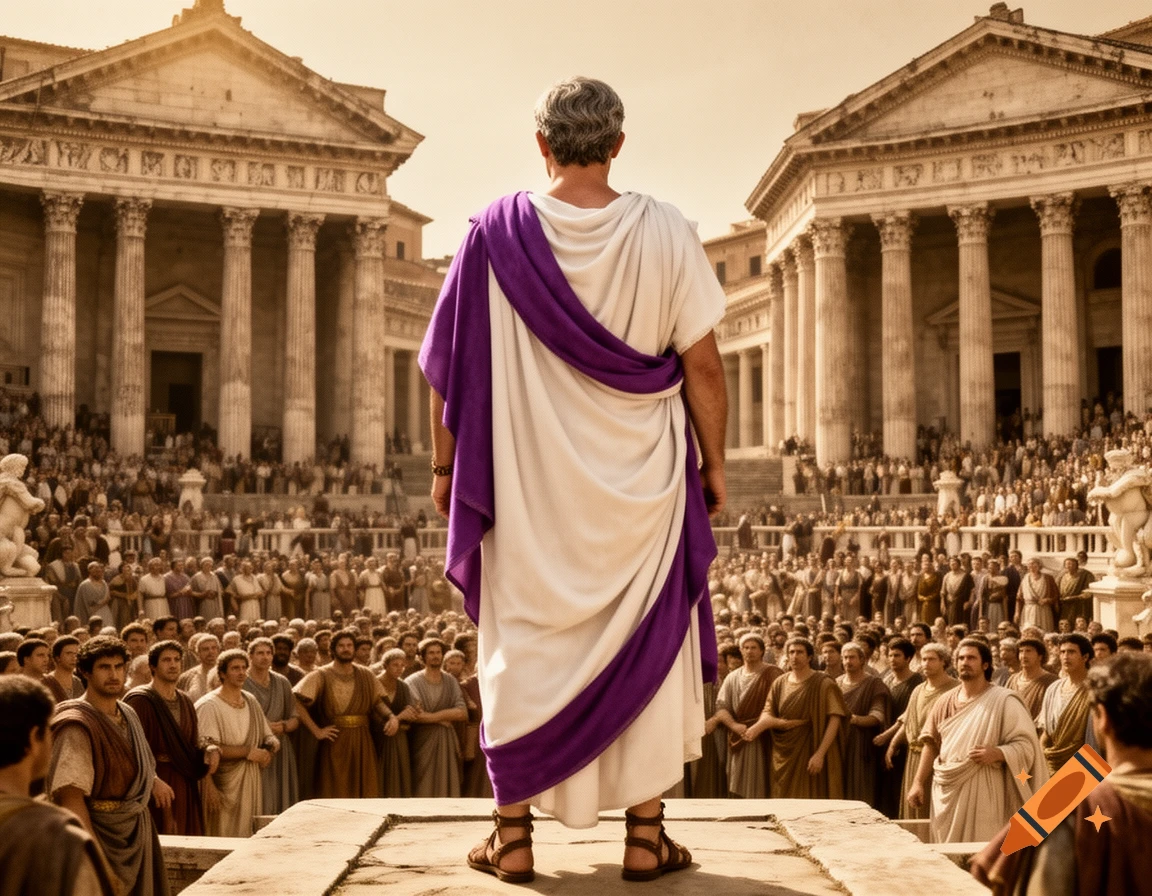 A man in a white toga with purple trim stands on a platform, back to the viewer, facing a large crowd in an ancient Roman forum with classical buildings.
