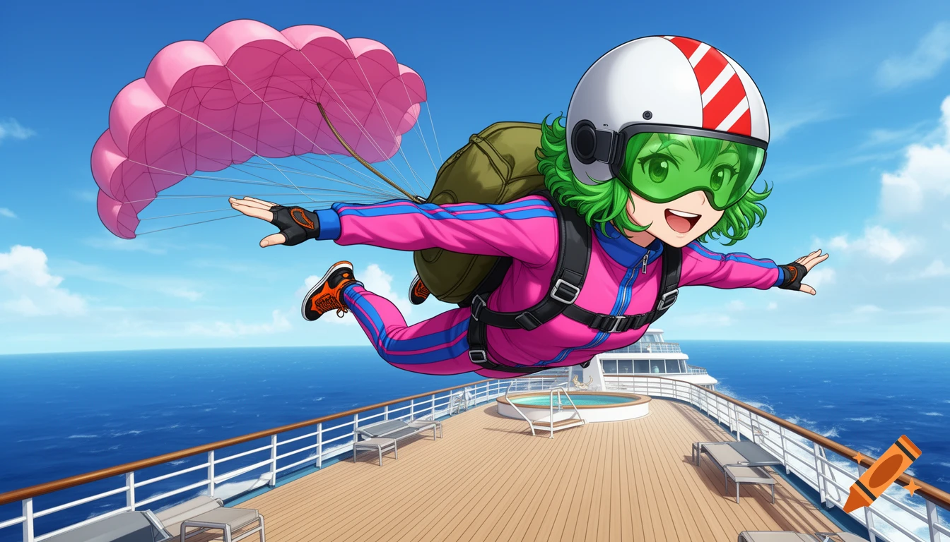 Anime girl with green hair in a pink tracksuit and helmet skydiving with a pink parachute above a cruise ship on the ocean.