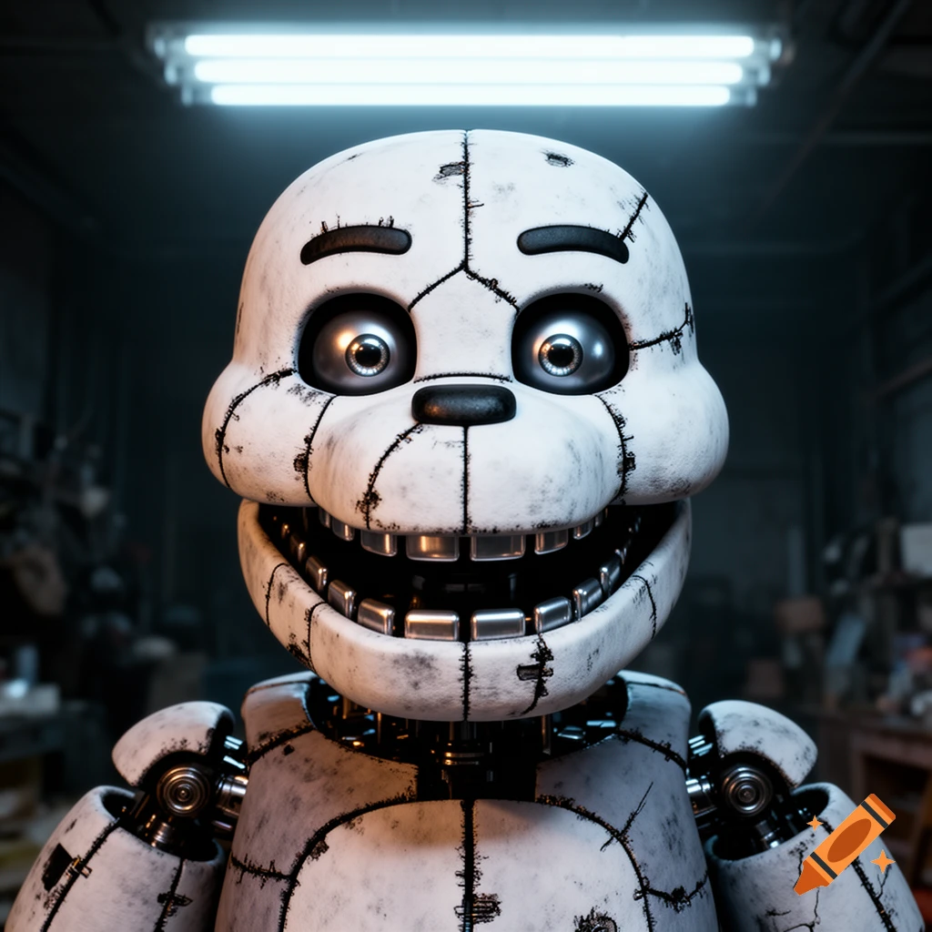 Close-up of a grinning white animatronic with big eyes and sharp teeth, in a dimly lit industrial setting.