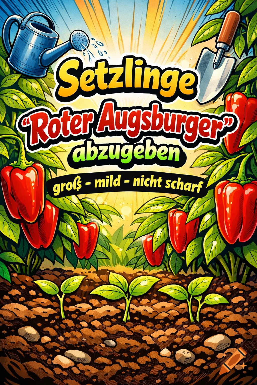 Comic-style flyer advertising 'Roter Augsburger' pepper seedlings, featuring peppers, sprouts, a watering can, and a trowel.