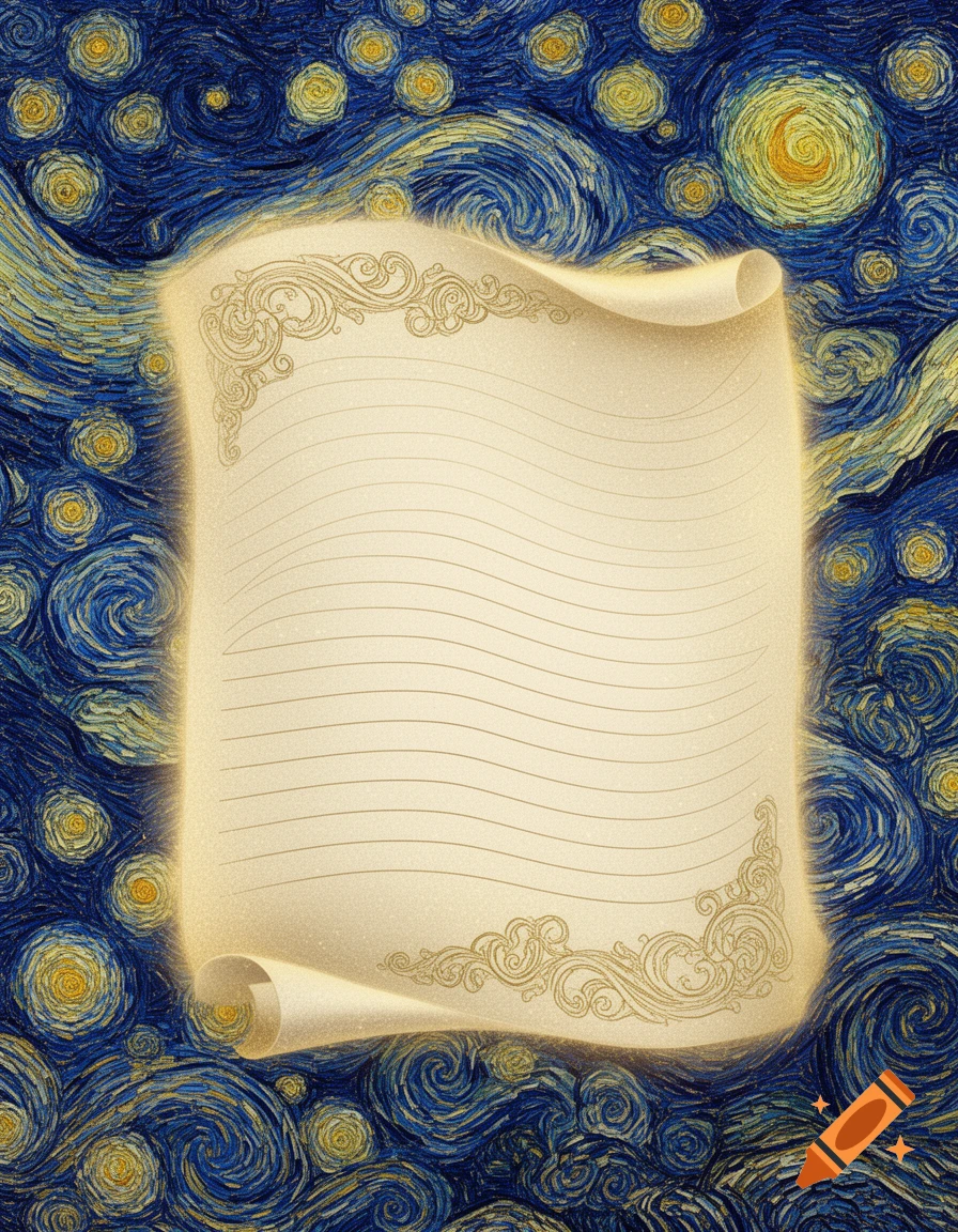 A blank lined scroll with decorative borders, set against a swirling blue and yellow background in the style of Van Gogh's Starry Night.