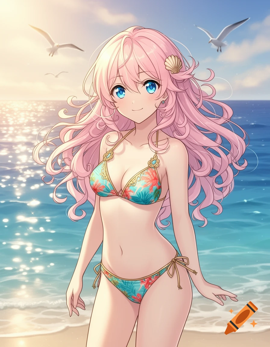 Anime girl with pink hair and blue eyes smiles in a floral bikini on a sunny beach with seagulls flying overhead.