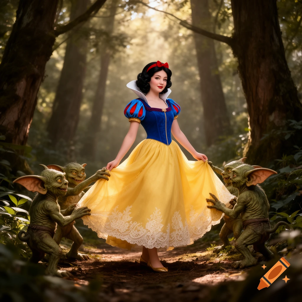 Photorealistic image of Snow White in a forest, smiling while two green goblin-like creatures pull at her yellow dress.