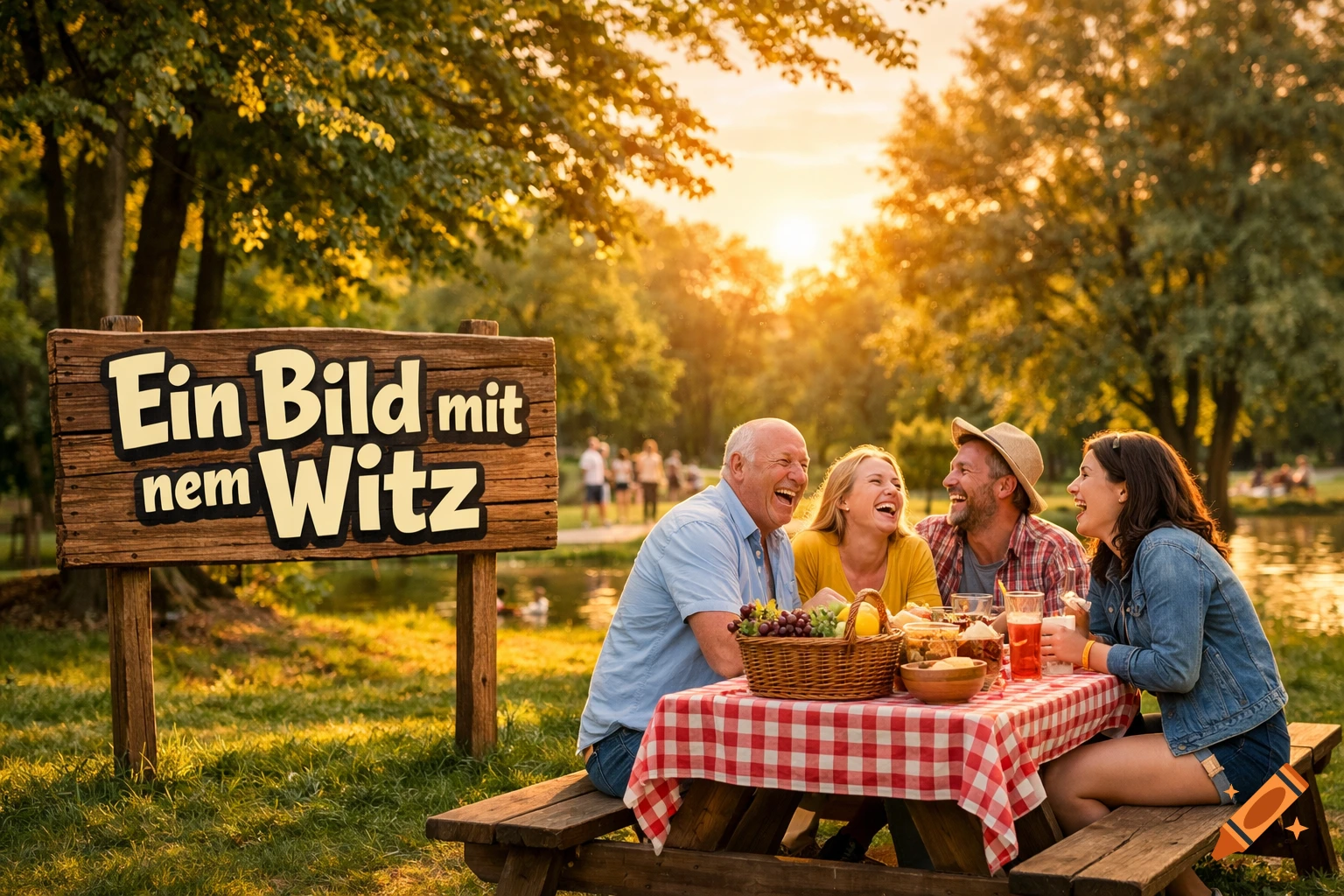 Four adults laugh around a picnic table in a sunny park next to a sign with German text.
