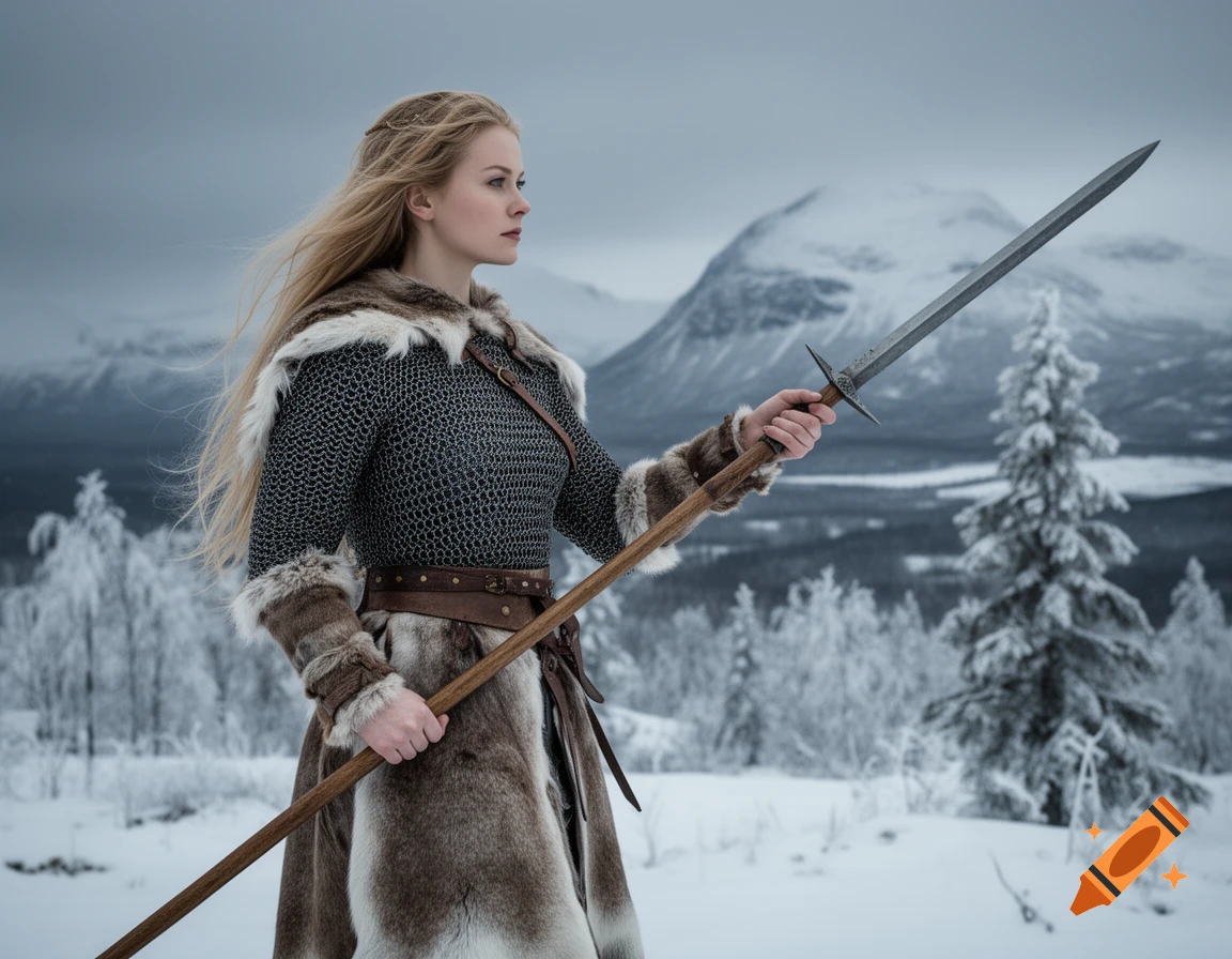 A blonde Valkyrie in chainmail and fur armor stands in a snowy Scandinavian landscape, holding a long-bladed spear.