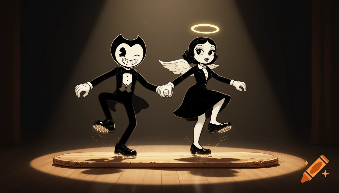Bendy and Alice Angel tap dance on a wooden stage under a spotlight in a vintage black and white cartoon style.