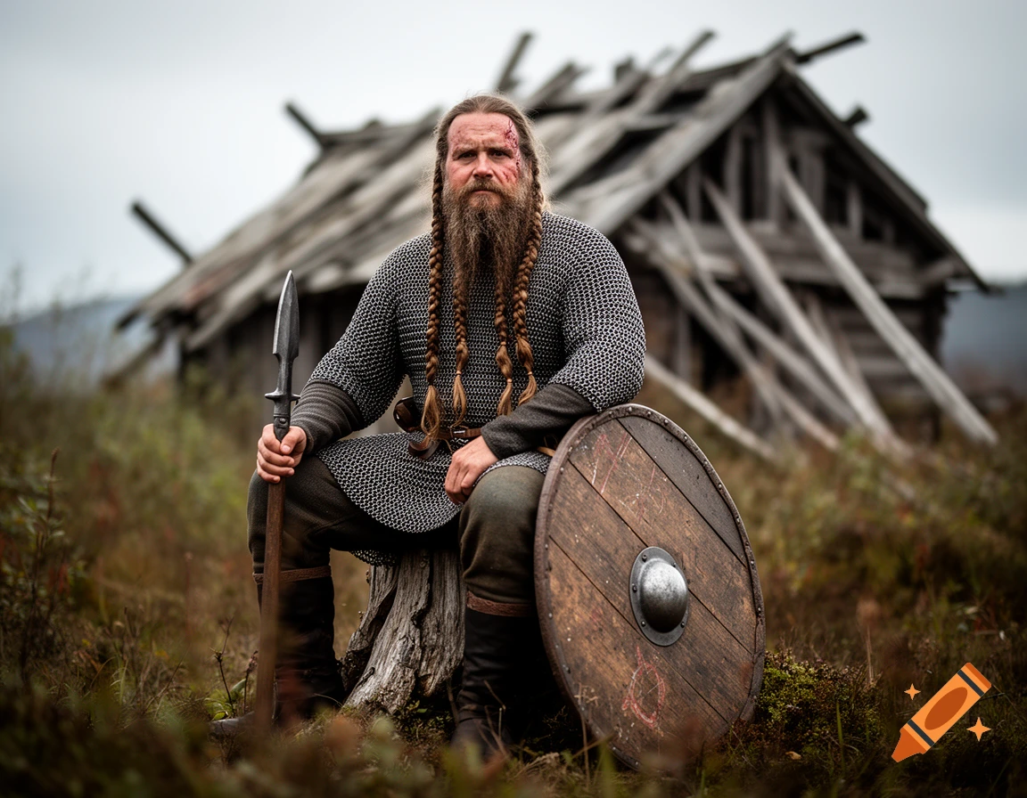 Photorealistic portrait of a bearded Viking mercenary with braided hair, holding a spear and shield, sitting on a stump.