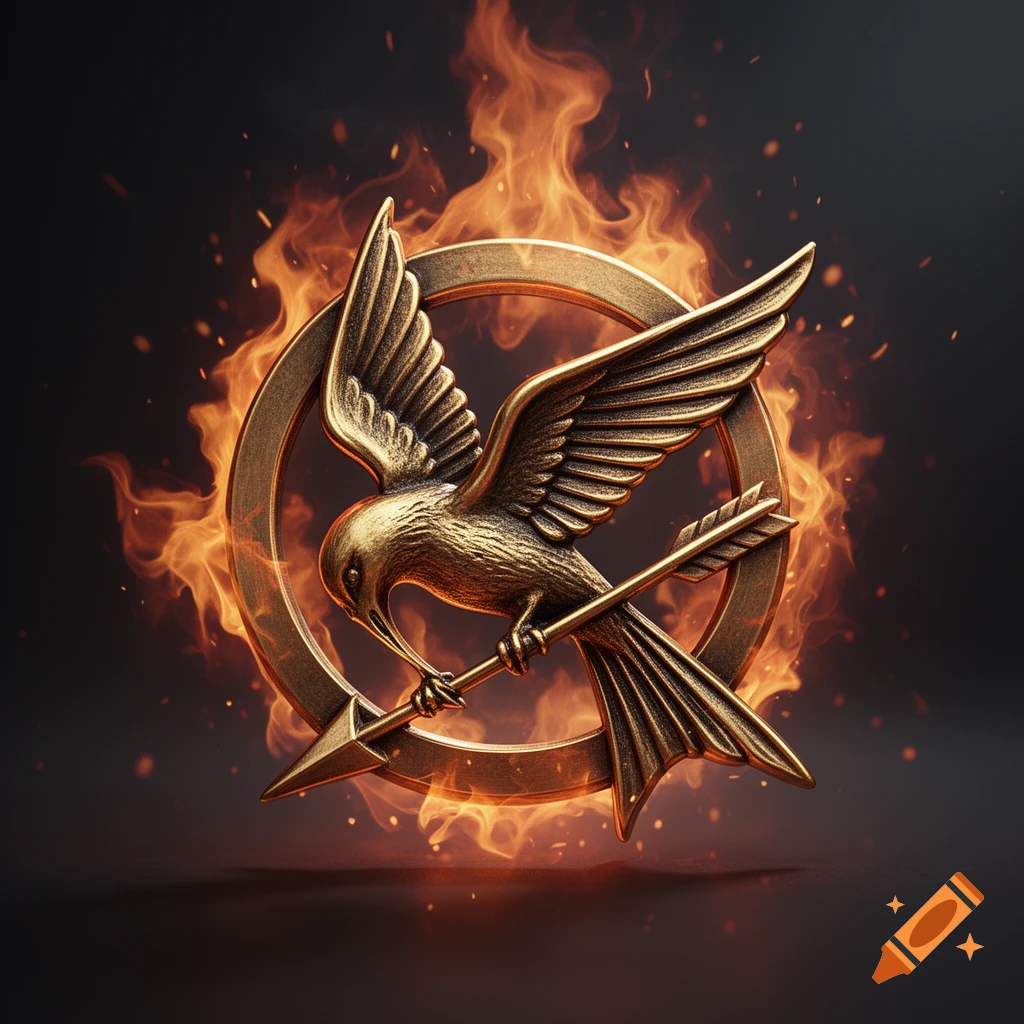 A bronze Mockingjay pin with an arrow, surrounded by bright orange flames and sparks against a dark background.