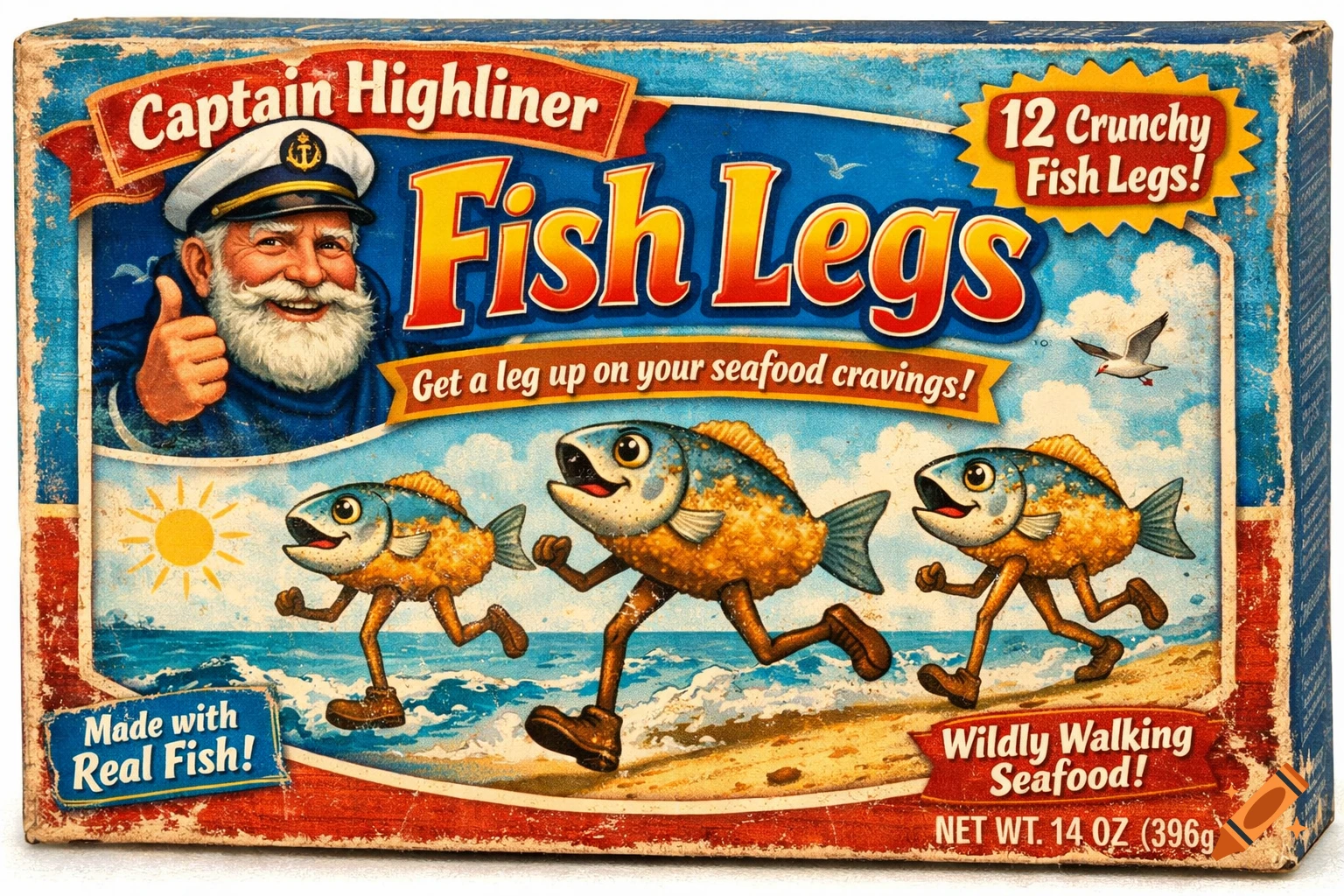 A vintage-style mock product box for "Captain Highliner Fish Legs," featuring a smiling captain and three cartoon fish with legs running on a beach.
