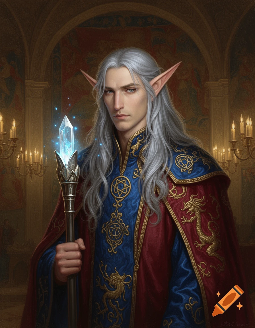 A white-haired male elf mage in ornate blue and red robes holds a glowing crystal staff in a grand, candlelit hall.