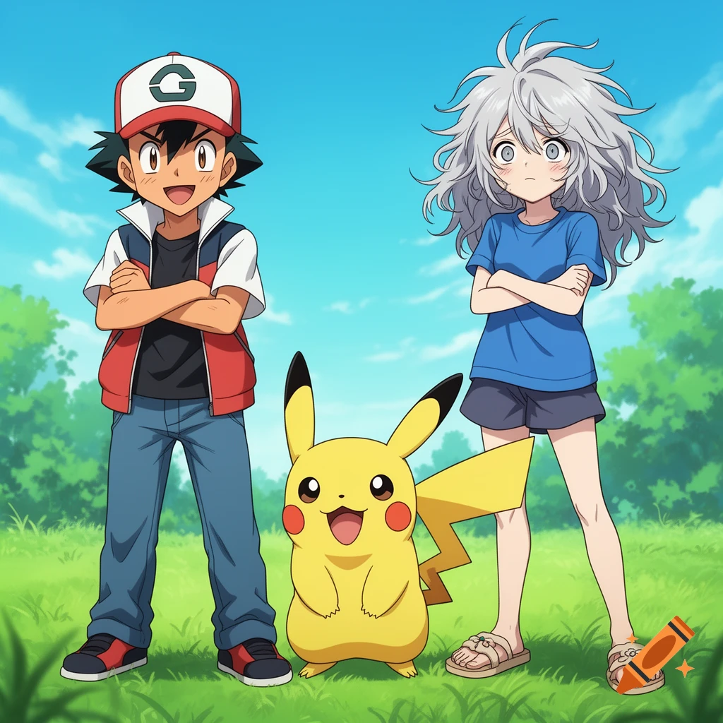 Ash Ketchum, Pikachu, and a white-haired girl with a dazed expression ...