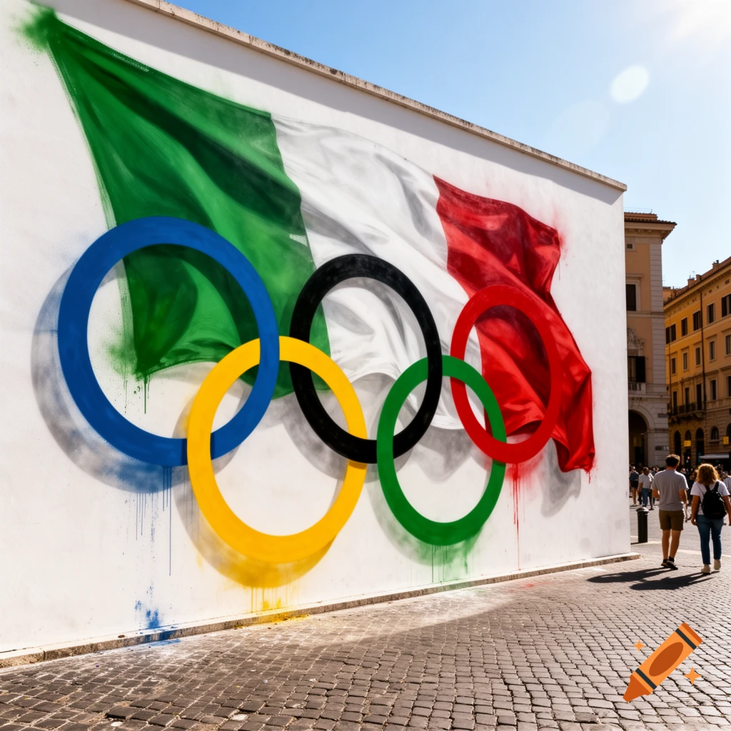 Photorealistic mural of the Italian flag and Olympic rings on a white wall, with people walking on a cobblestone street.