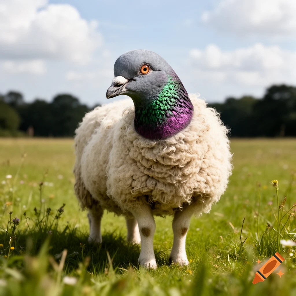 A pigeon's head on a sheep's body stands in a sunny green field under a blue sky.