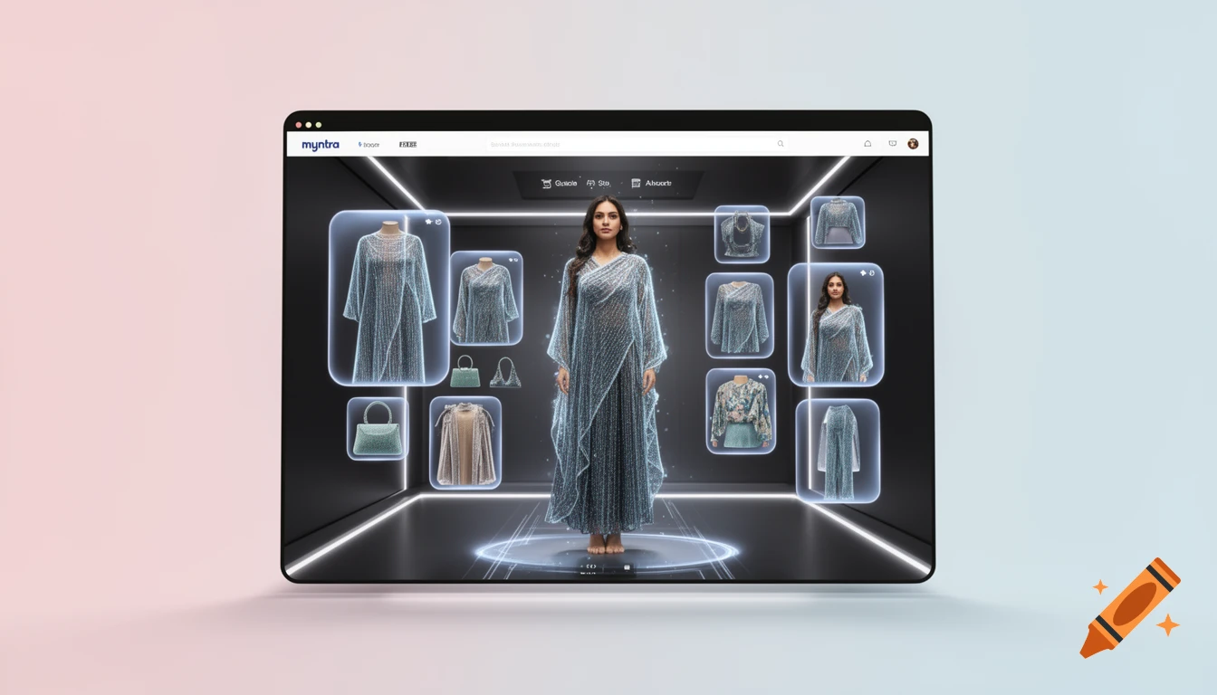 A woman stands virtually in a digital dress on a website interface, surrounded by other clothing and accessory options in a dark, glowing room. It's a virtual try-on e-commerce experience.