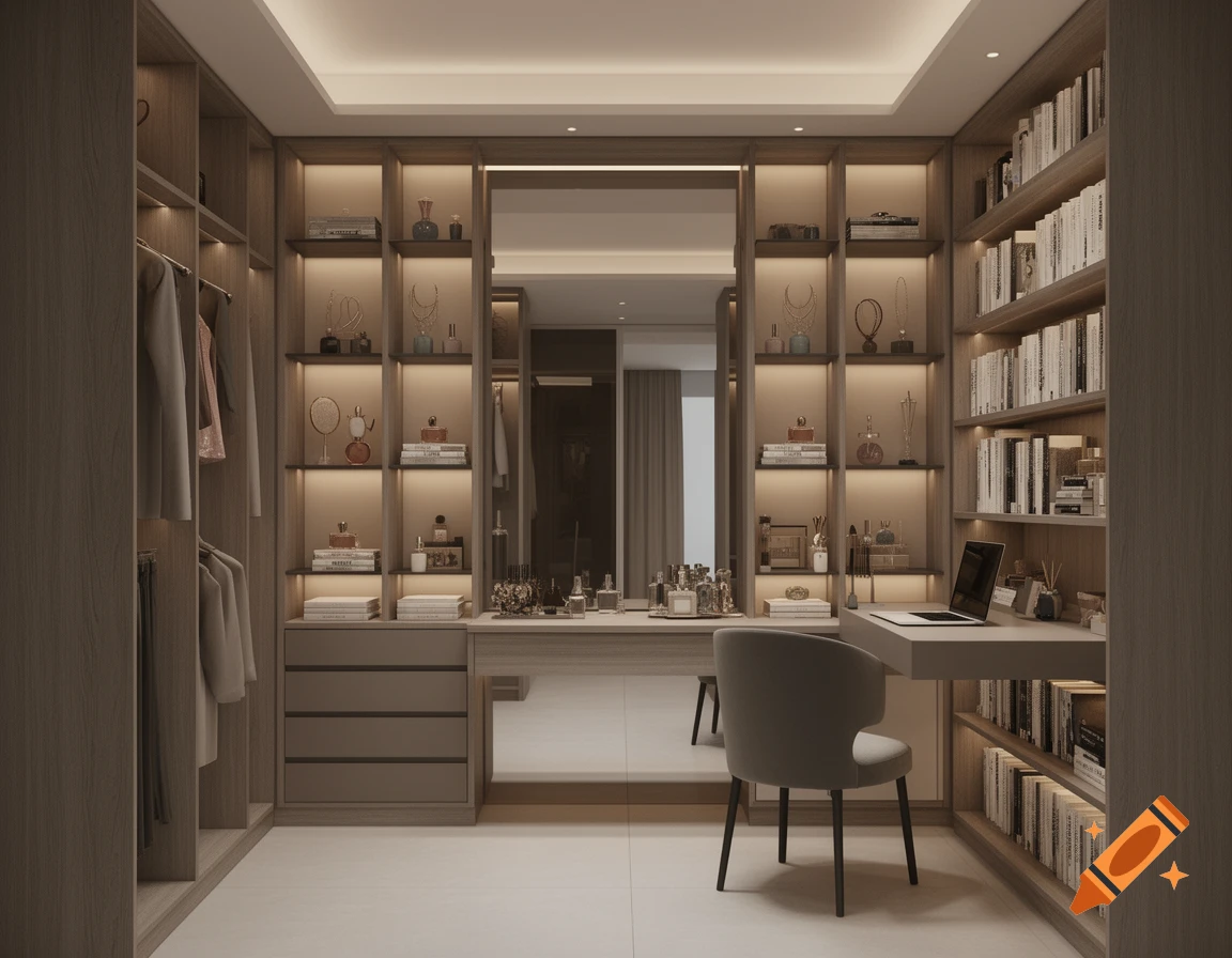 Luxurious modern walk-in closet featuring wooden shelves, illuminated displays, a central vanity, a desk with a laptop, and integrated bookshelves.