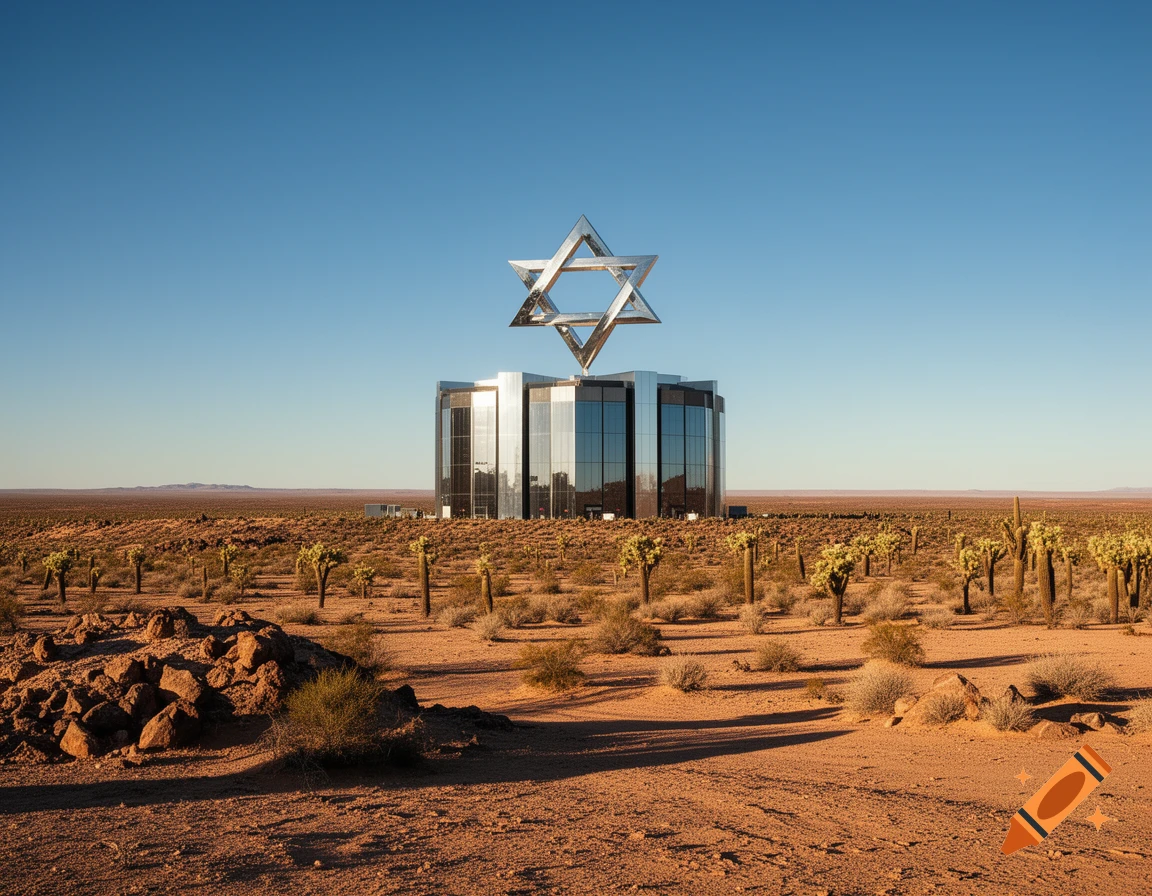 Photorealistic AI Data Center with a Star of David on its roof in a vast Arizona desert with cacti.