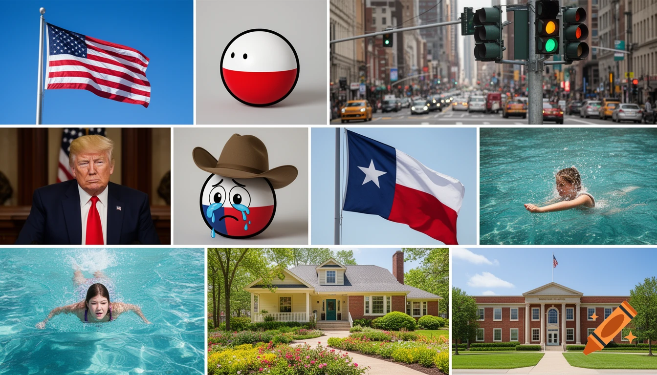 A grid of nine images featuring the American flag, a Polandball, a busy city street, Donald Trump, a crying Texas countryball, the Texas flag, two girls swimming, a suburban house, and a brick school building.