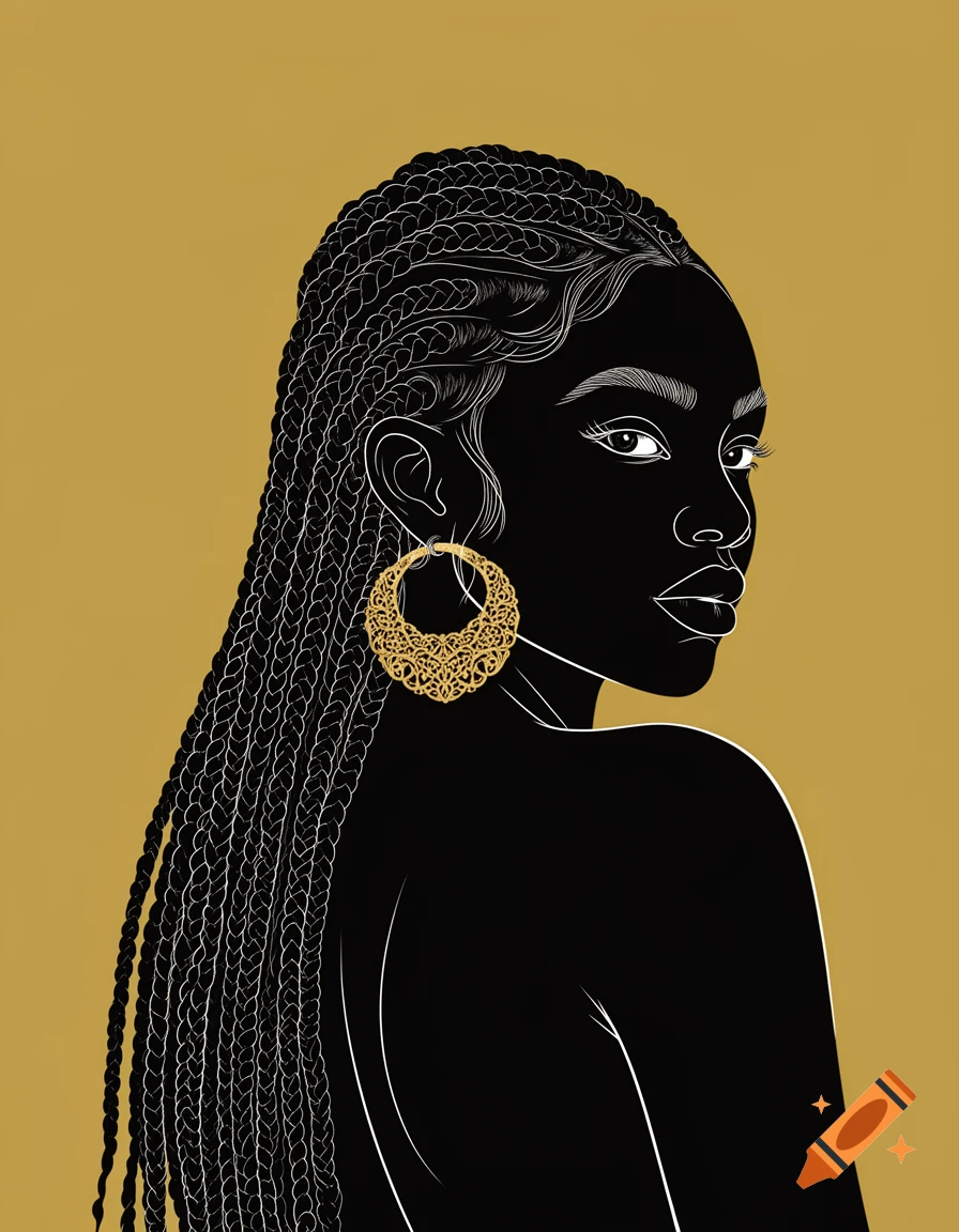Minimalist illustration of a Black woman with long braids and a gold hoop earring, silhouetted against a gold background.