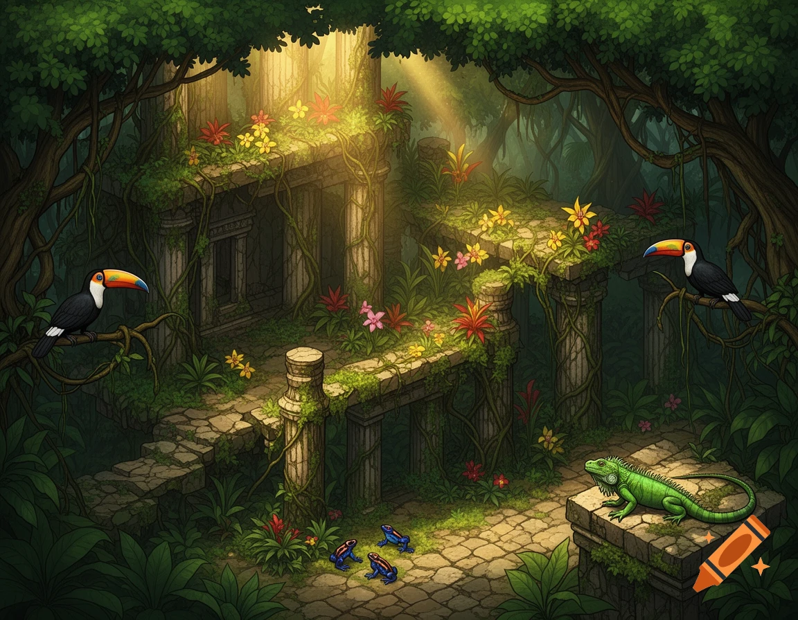 Detailed isometric illustration of overgrown jungle ruins, featuring toucans, frogs, and a green iguana amidst sunlit foliage.