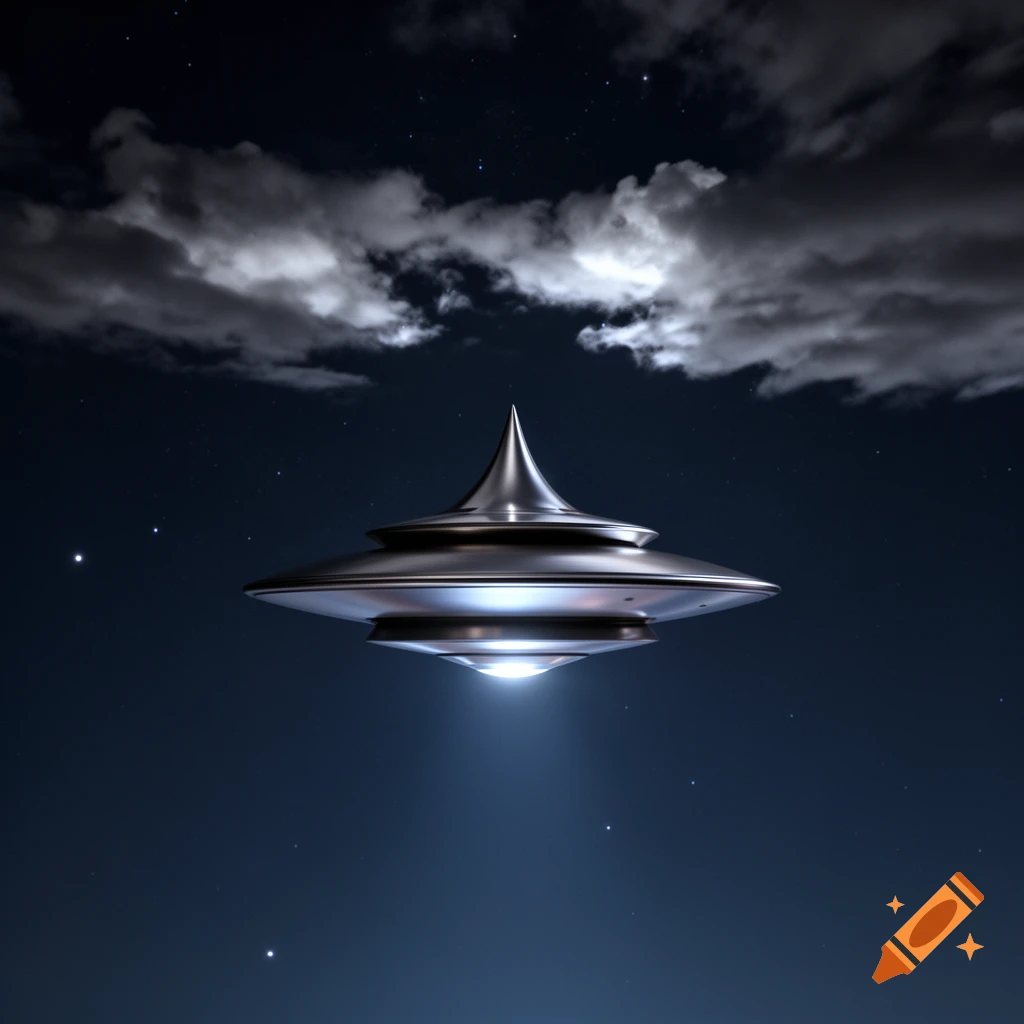 A shiny, multi-layered UFO with a pointed top emits a beam of light, hovering under a starry night sky with dark clouds.