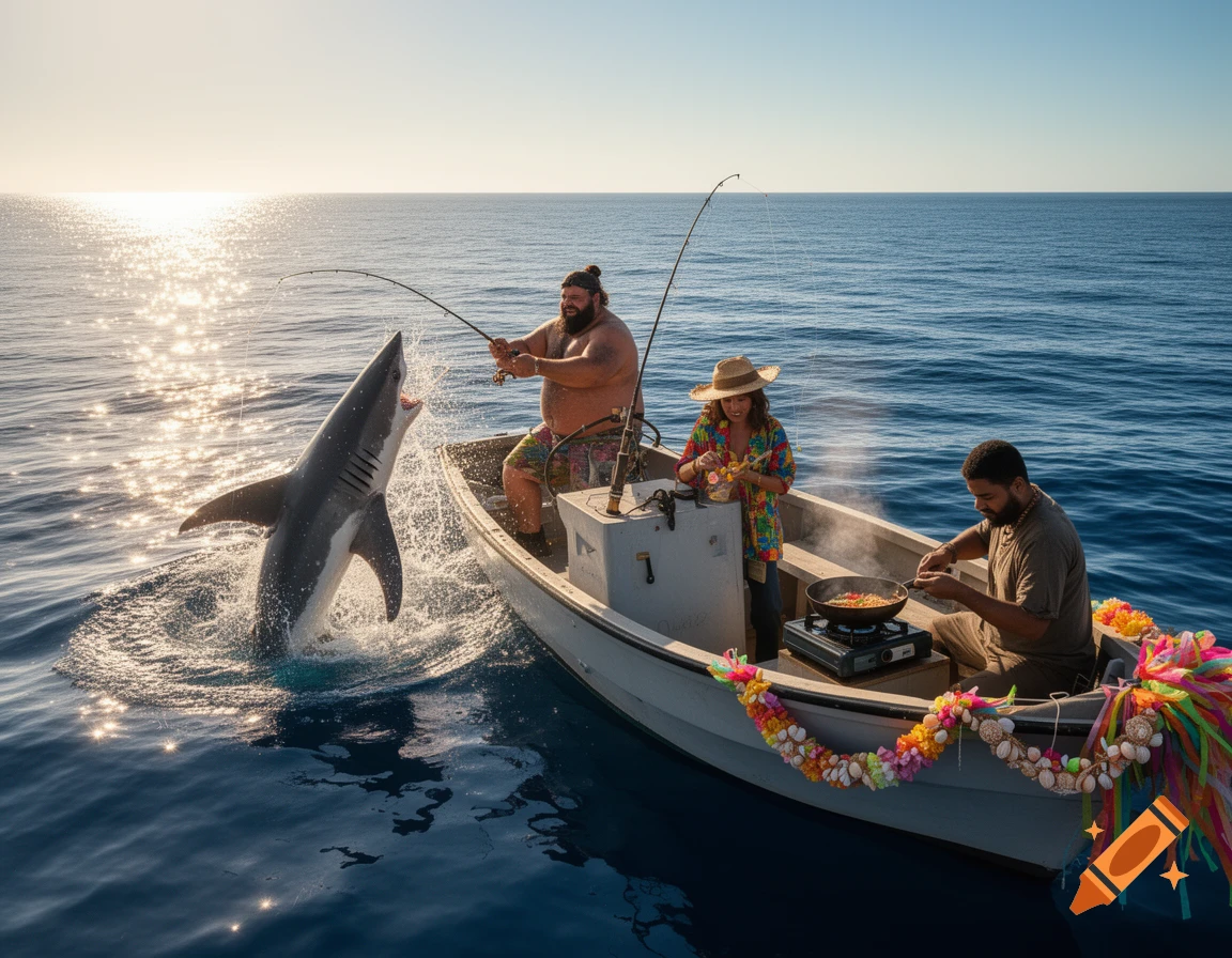 A man fishes from a small boat as a great white shark leaps from the water. Two other people are on the boat, one cooking and one decorating with colorful garlands, all under a bright sunlit sky.