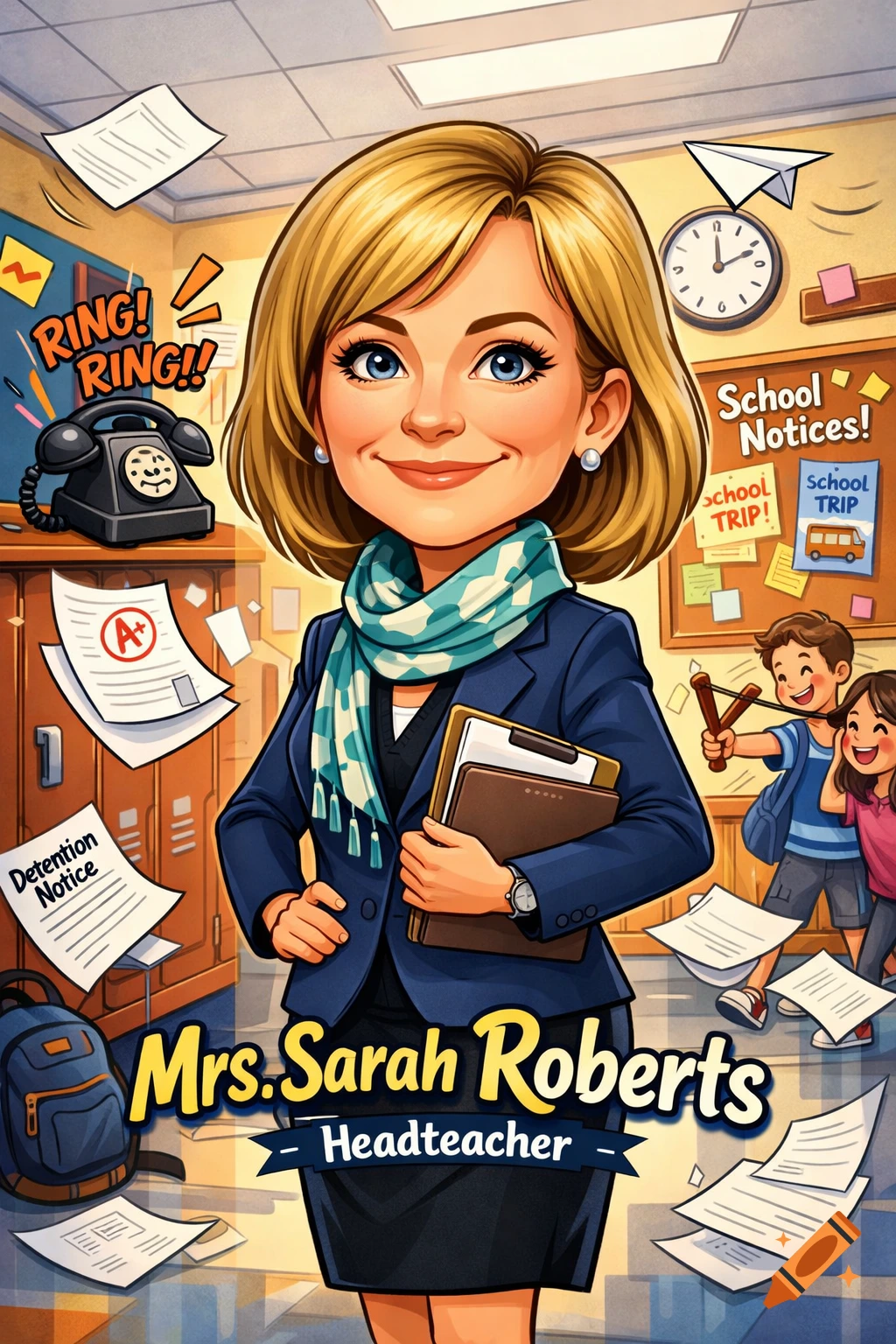 Cartoon headteacher Mrs. Sarah Roberts stands composed in a chaotic school corridor with floating papers, a ringing phone, and playful students.