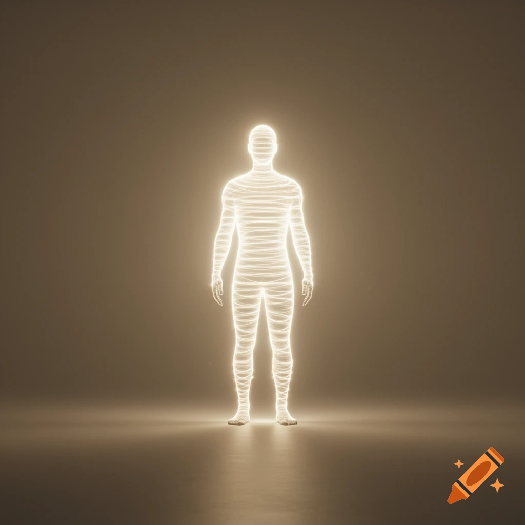 A glowing, abstract human figure made of white lines stands against a dark, warm-toned background.