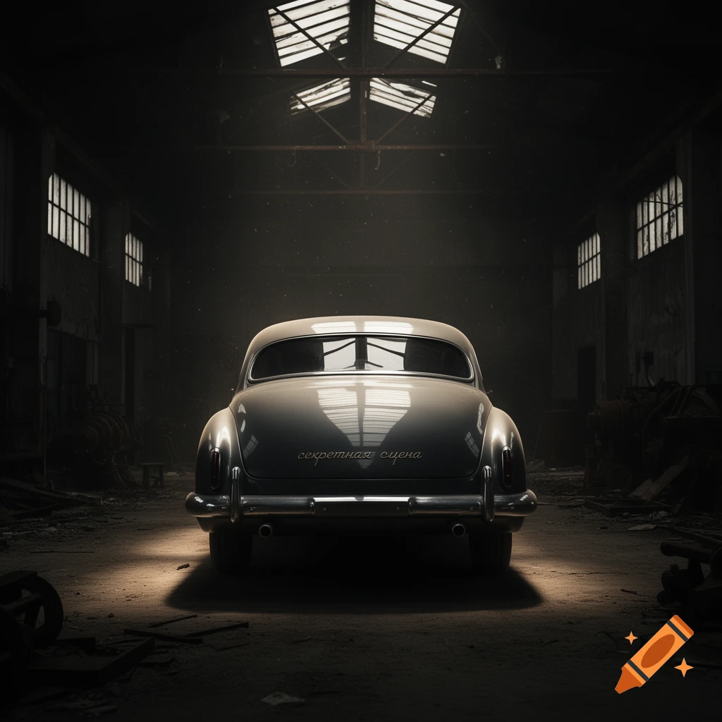 A classic car with 'секретная сцена' on its trunk, parked in a dark, dusty warehouse, lit by a single spotlight.
