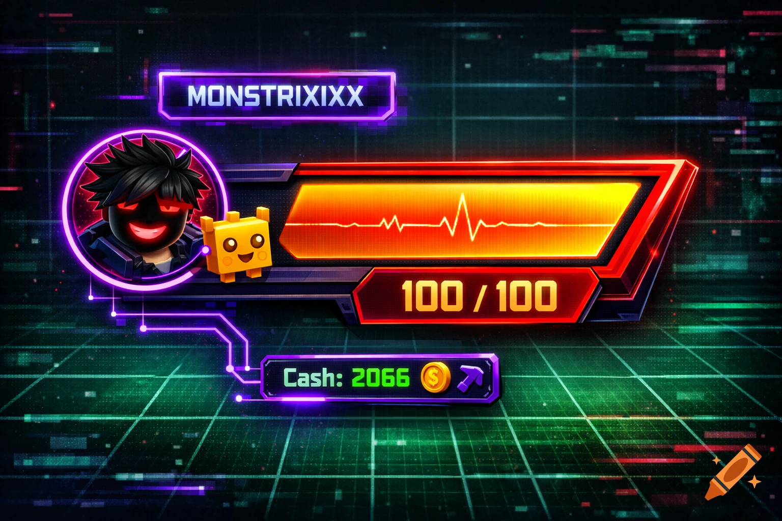 Cyberpunk game HUD with a character avatar, health bar, and cash display against a dark grid background.
