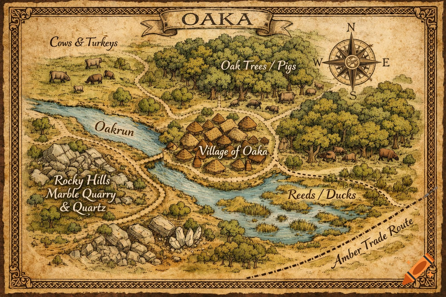 A detailed hand-drawn fantasy map of the village of Oaka on aged parchment, showing Oakrun river, forests, pastures, rocky hills, and an amber trade route.