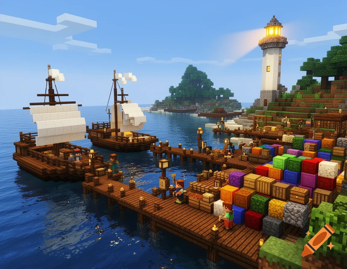 A vibrant Minecraft harbor scene with two wooden ships docked, a lighthouse on a hill, and stacks of colorful blocks on the pier.