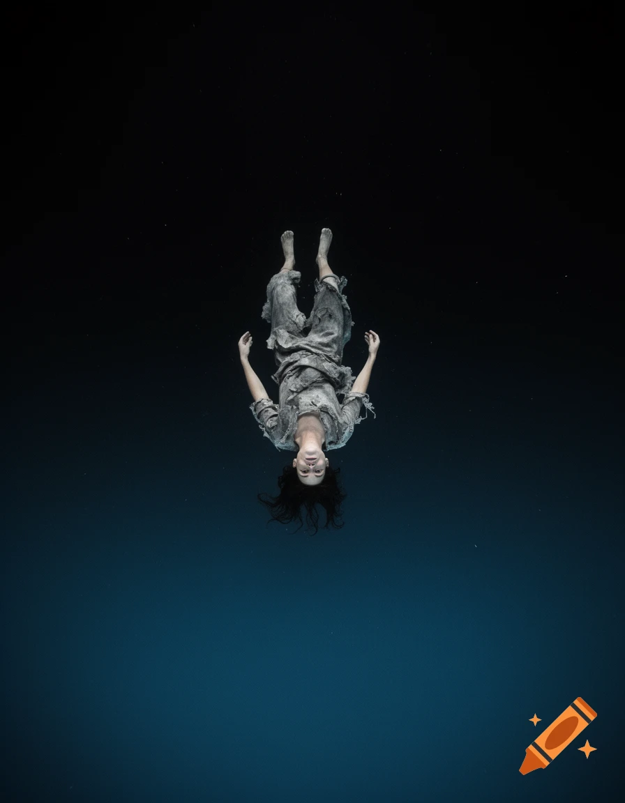 A person in distressed clothes floats upside down in a dark blue-black void or water, hair flowing, looking upwards.