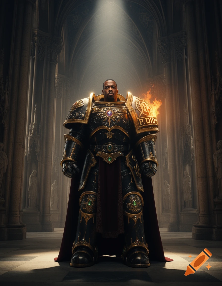 A man in ornate black and gold futuristic armor with a red cape stands in a grand gothic cathedral under a spotlight. "P. DIDI" is on his shoulder.