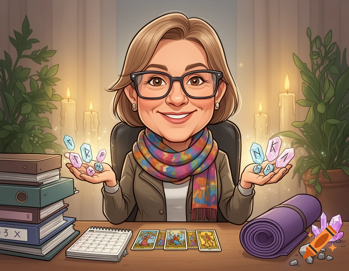 Caricature illustration of a smiling middle-aged woman with glasses and a colorful scarf, sitting at a desk with tarot cards, rune stones, and books, in a cozy setting with candles and plants.