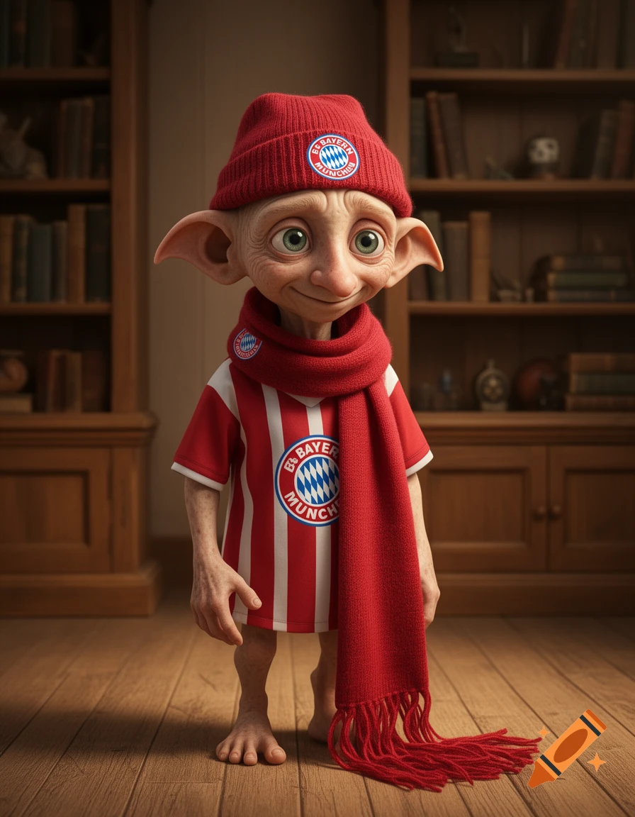 Photorealistic image of Dobby the house-elf smiling, wearing a red beanie, a red and white striped shirt, and a red scarf with Bayern Munich logos, standing in a room with bookshelves.