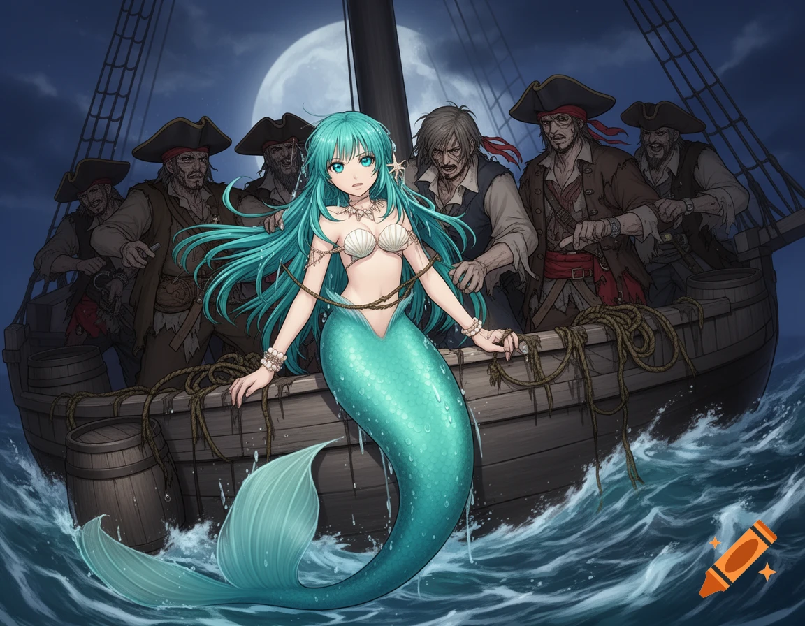 An anime illustration of a teal-haired mermaid with a shell bra, caught by a group of rugged pirates on a ship under a full moon.