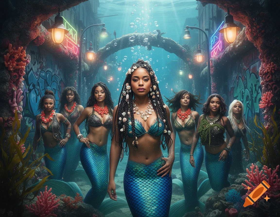 A group of diverse mermaids with elaborate hairstyles and shell jewelry in an ornate, graffiti-covered undersea urban setting with glowing neon lights.