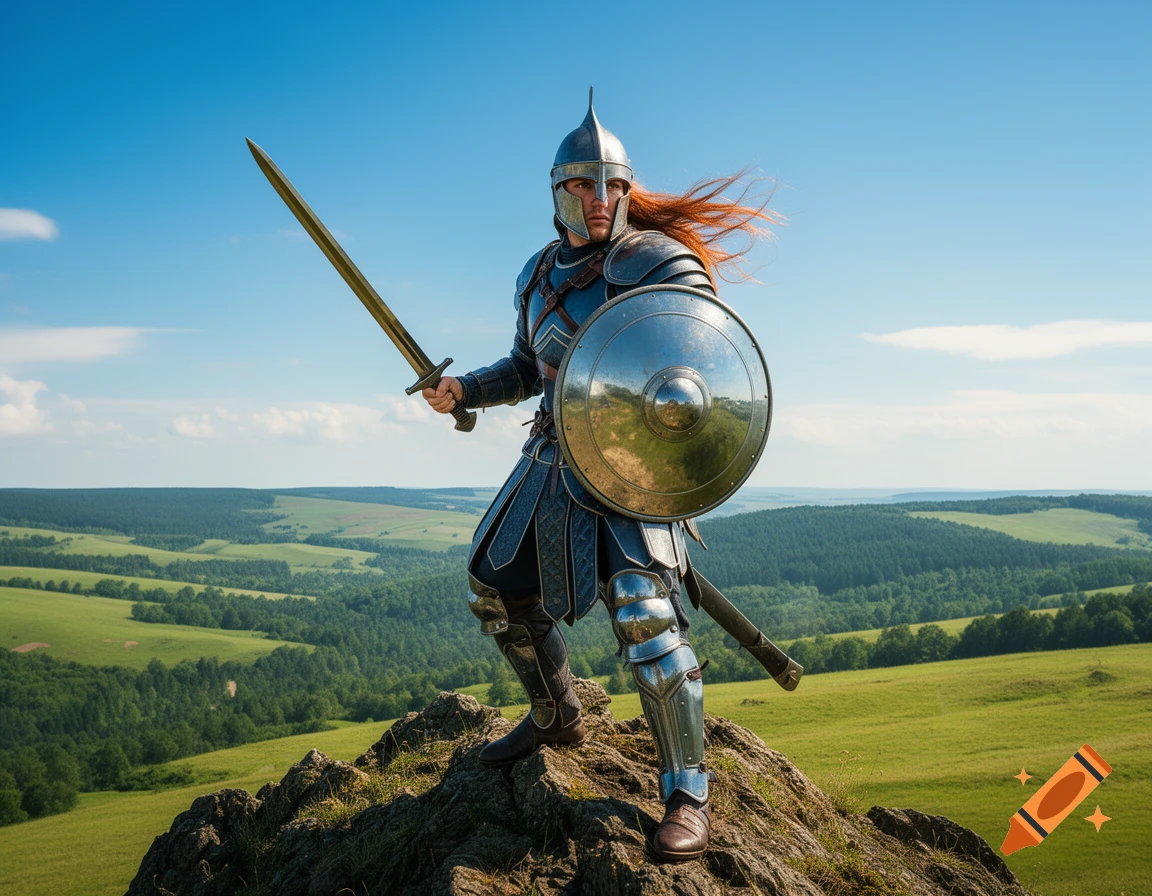 Determined warrior in shining armor with long red hair stands on a ...