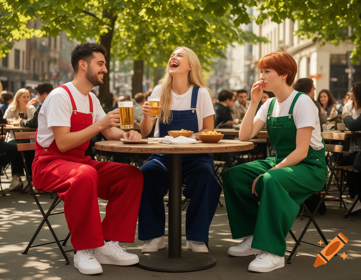 Three young adults in red, blue, and green overalls enjoy beer and snacks at an outdoor cafe on a sunny day.