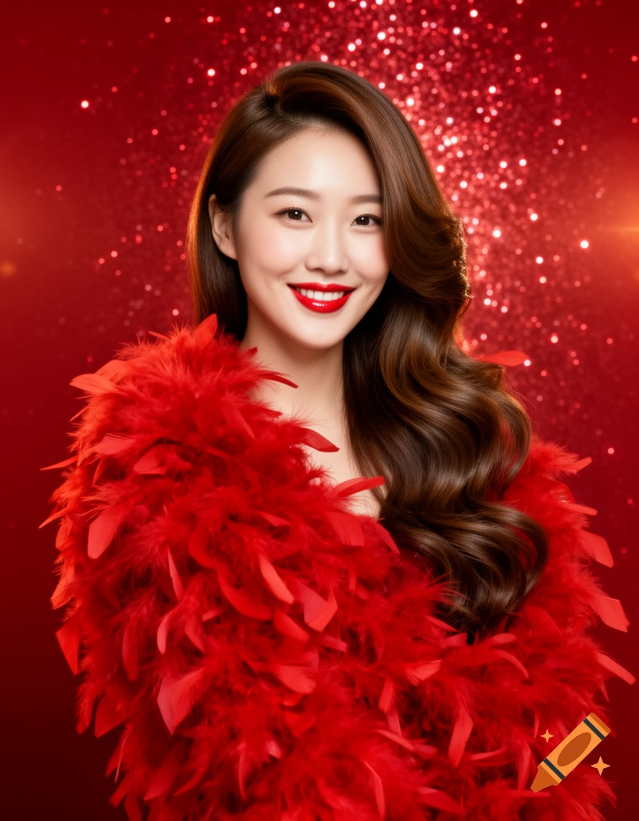 Smiling Korean woman with long wavy hair and red lipstick, wearing a fluffy red feather boa against a red glittery background.