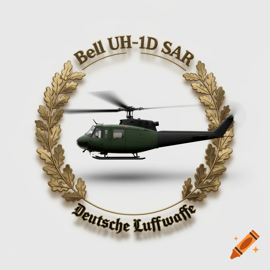 Logo featuring a green Bell UH-1D SAR helicopter within a golden oak wreath, with text 'Bell UH-1D SAR' and 'Deutsche Luftwaffe'.