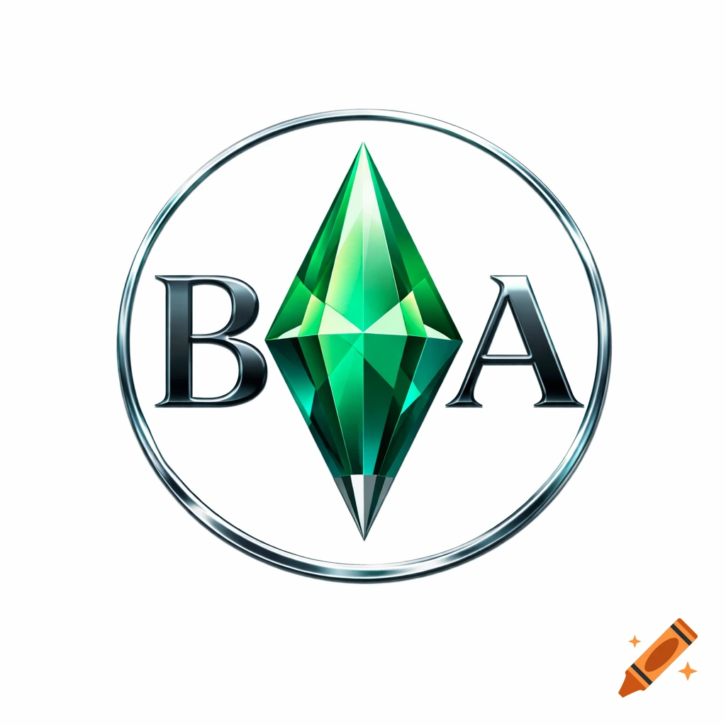 A logo with a green faceted diamond-shaped gem between metallic letters B and A, all within a silver ring.