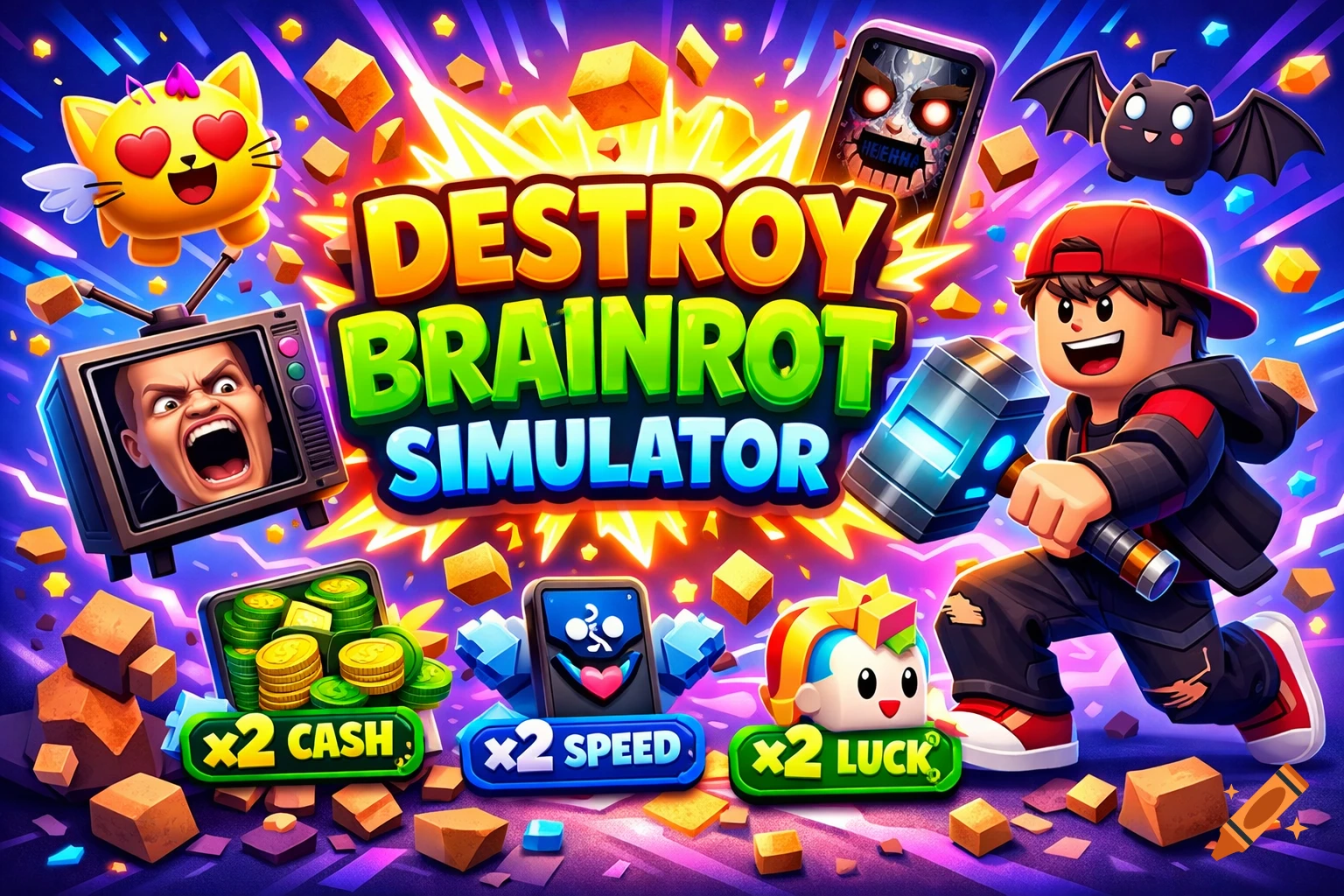 Vibrant cartoon Roblox game title art for "DESTROY BRAINROT SIMULATOR" with a character holding a hammer, a screaming man on a TV, a cute cat, a bat, and power-up icons against an exploding background.