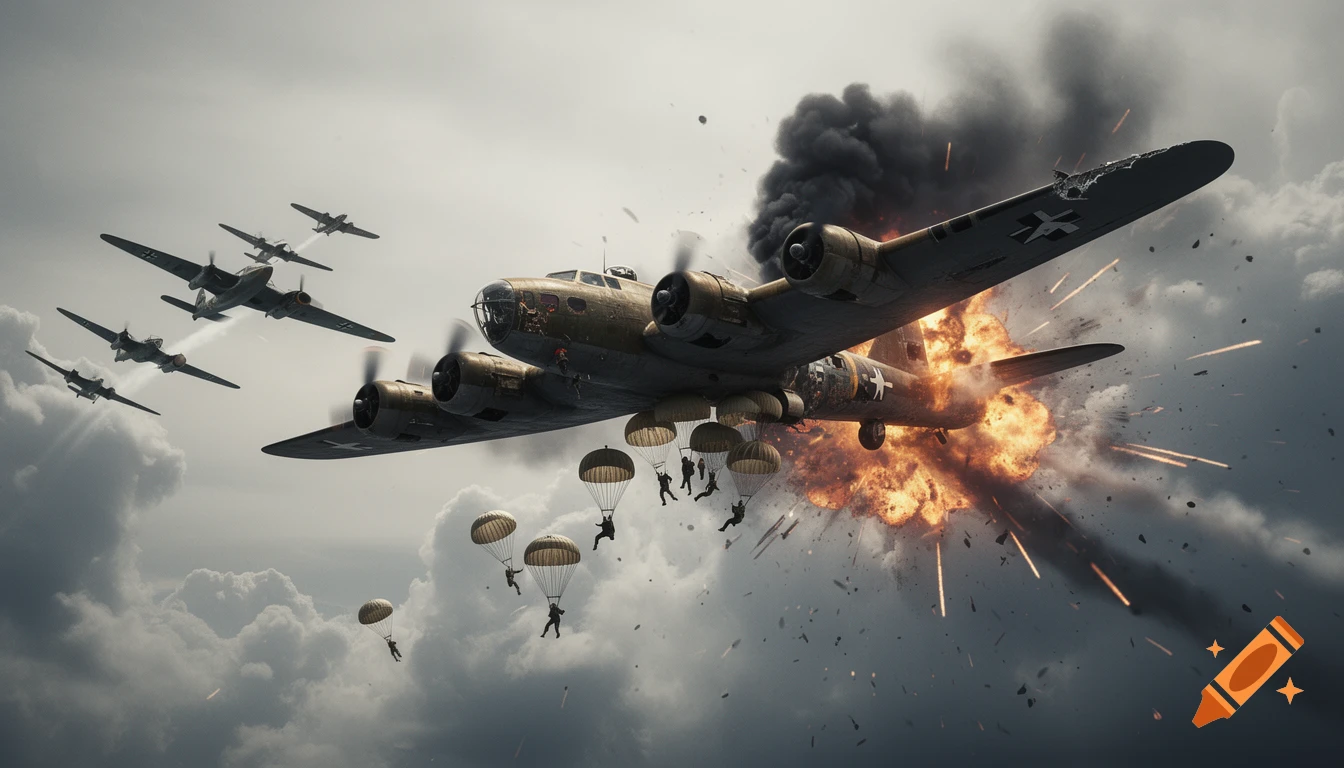 A photorealistic scene of a WWII B-17 bomber exploding mid-air, with paratroopers descending and German fighter planes in pursuit.