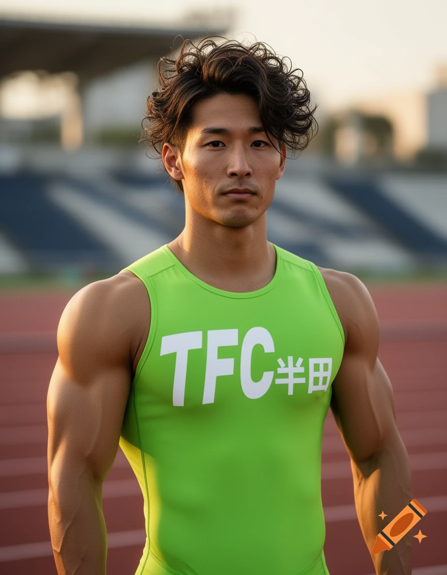 A muscular Asian man in a lime green track uniform with 'TFC半田' written on it, stands on a running track.