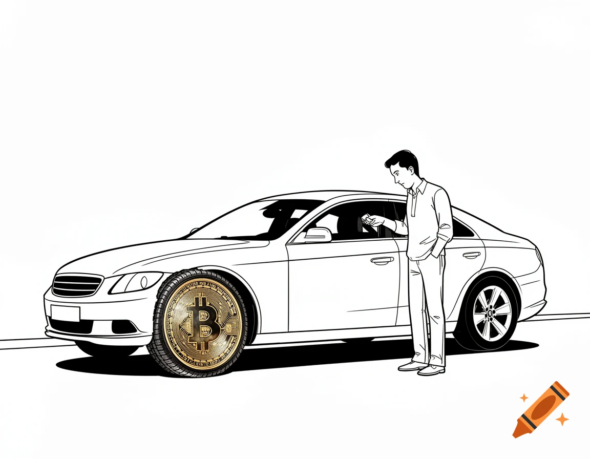 Minimalist black and white line art illustration of a man standing next to a car with bitcoin coin wheels.
