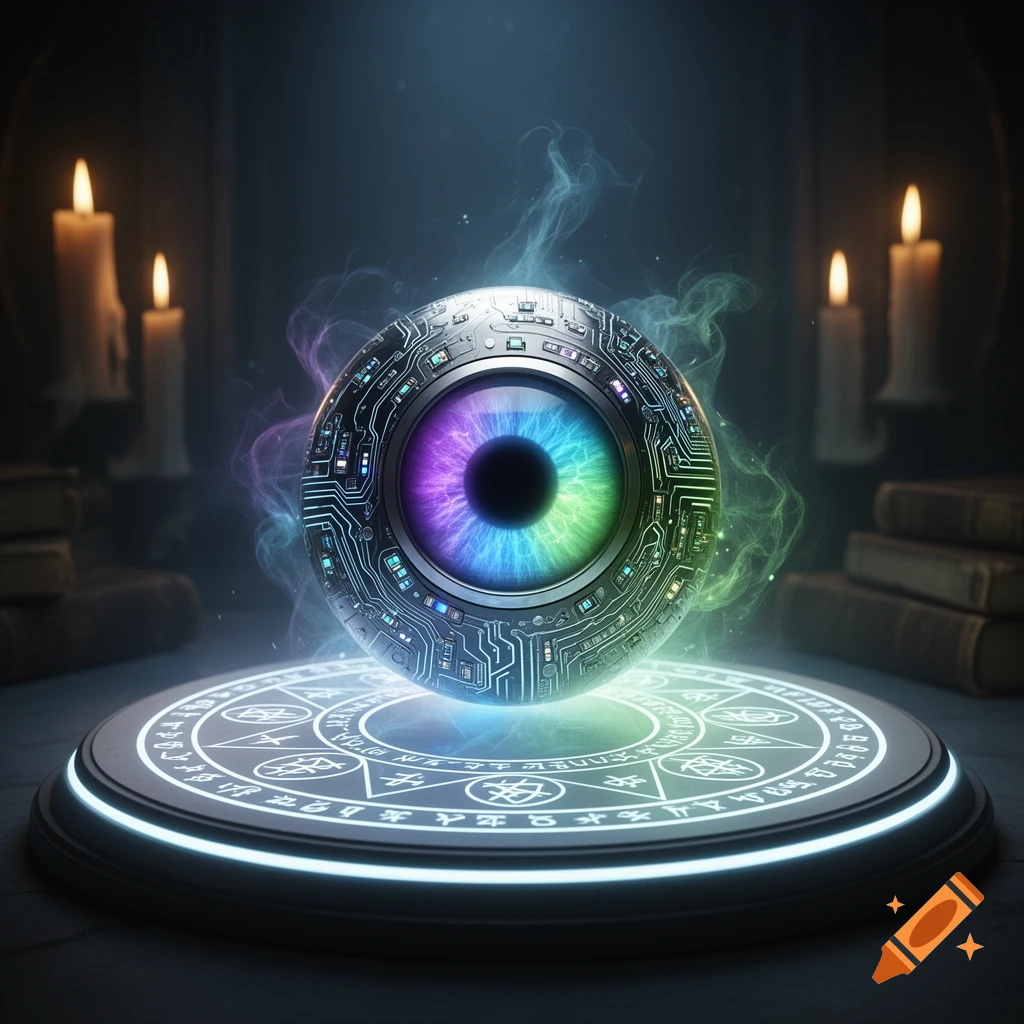 A glowing cybernetic eyeball, rainbow-colored and covered in circuit patterns, floats above a mystical circular altar adorned with glowing runes and surrounded by wisps of colorful smoke. Candles illuminate the dark, shadowy background.