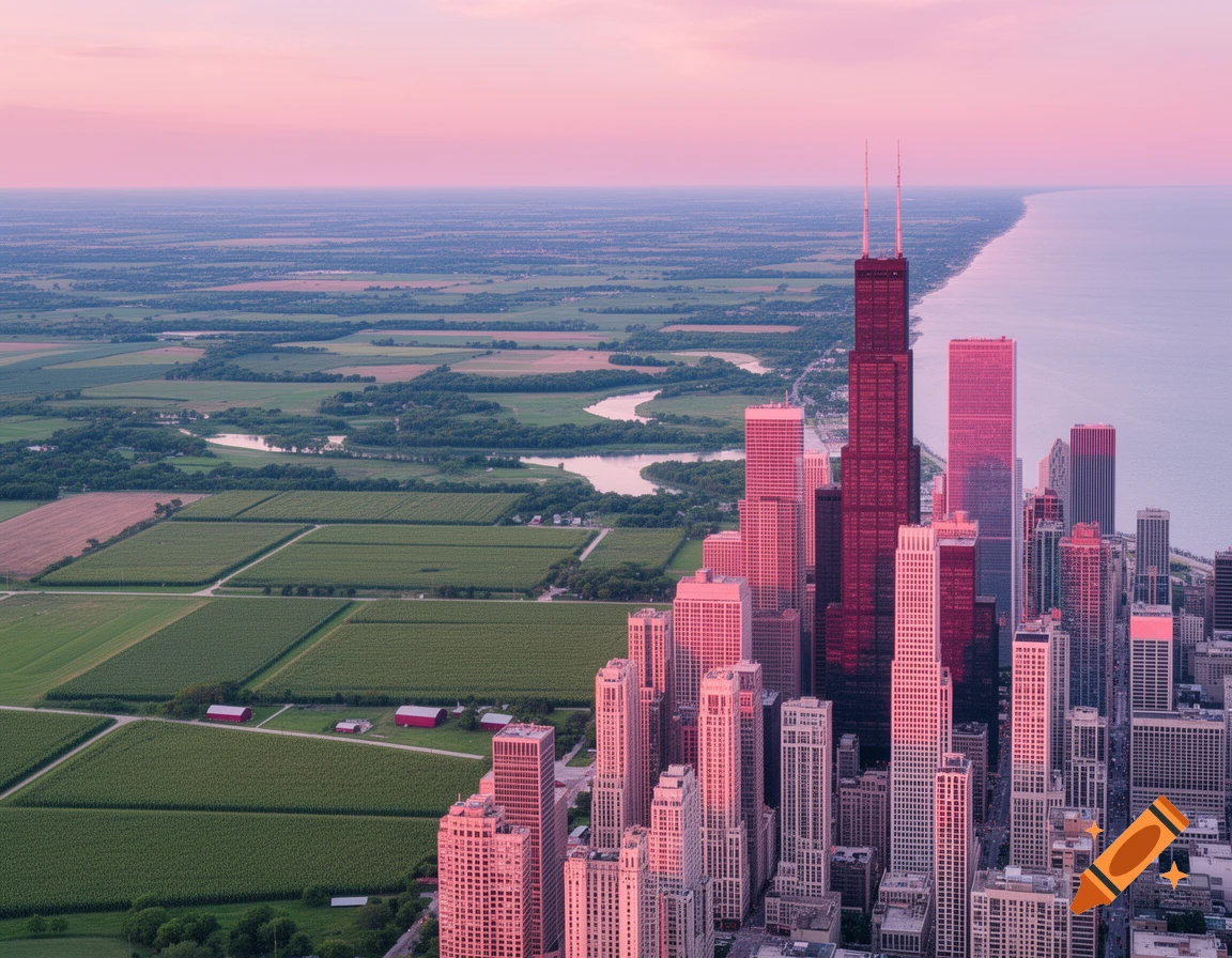 Aerial view of a city skyline with pink skyscrapers, green farmlands, a river, and a lake under a pastel pink sky.
