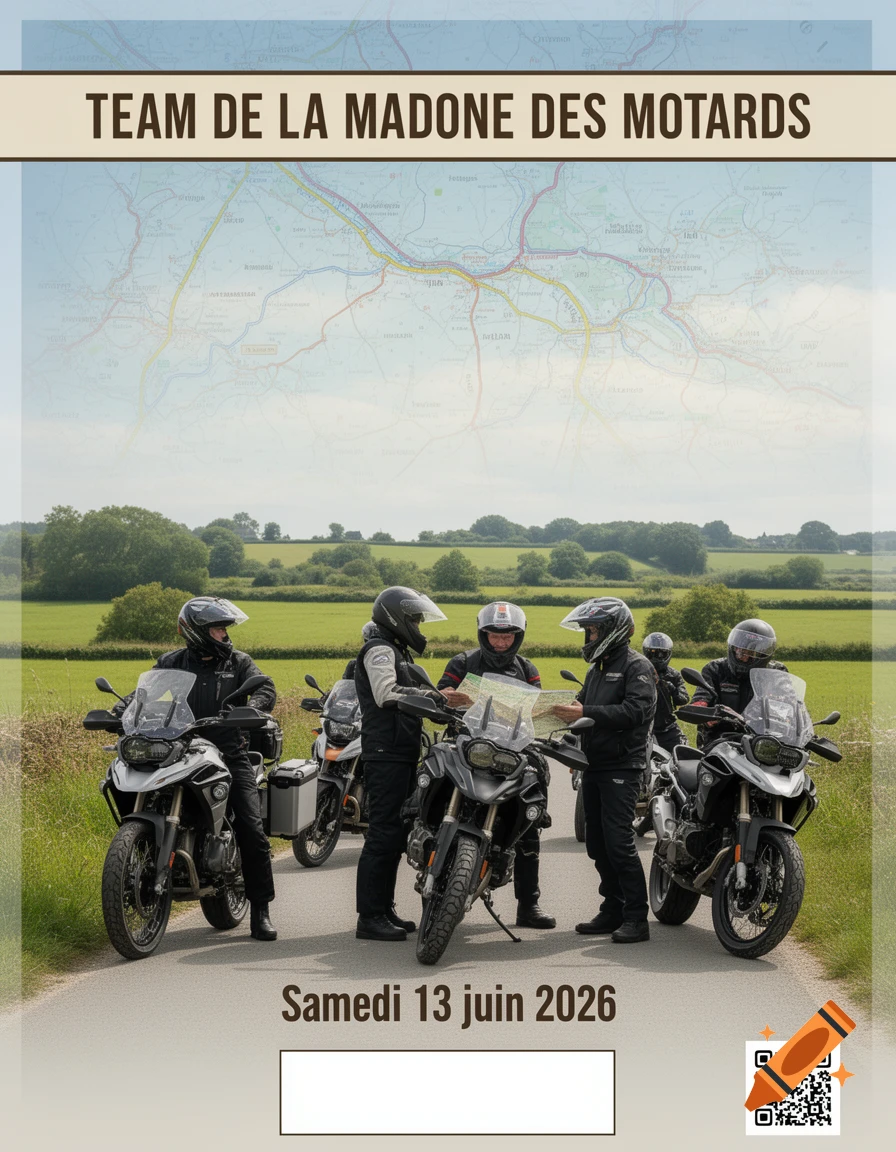 Photorrealistic poster showing five motorcyclists on a country road, some looking at a map. Text: "TEAM DE LA MADONE DES MOTARDS" and "Samedi 13 juin 2026" with a map overlay.